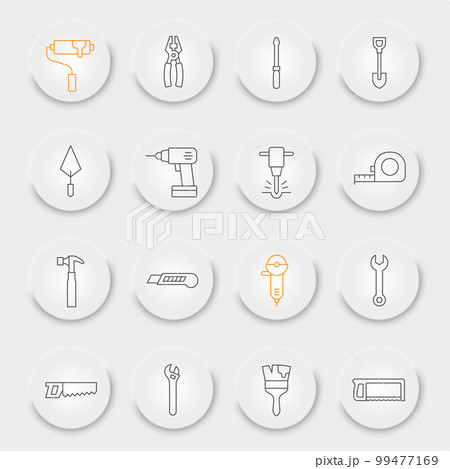 Construction tools line icon set, tools collection, vector graphics, neumorphic UI UX buttons, repair tools vector icons, construction industry signs, outline pictograms, editable stroke 99477169