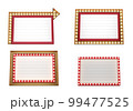 Set of 3d retro red and gold signboard with glowing yellow light bulb . Concept of billboard design for cinema, casino, marquee or nightclub . 3d high quality render 99477525