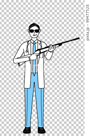A male doctor in a white coat wearing sunglasses and a stethoscope with a rifle, a senior/middle-aged veteran doctor 99477528