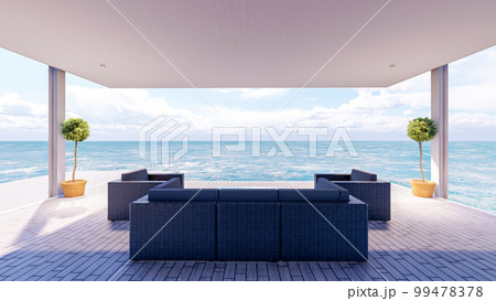 Seaside wooden indoor balcony deck with sofa furniture and beautiful sea view, 3d rendering 99478378