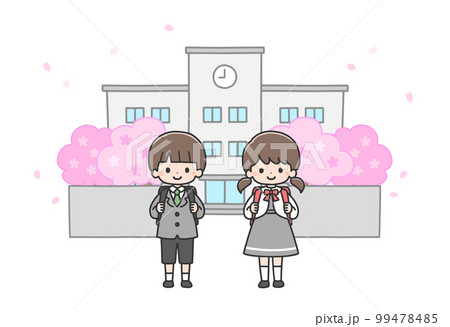 入学式 校門の前に立つ新一年生の男の子と女の子 入学式 校門の前に立つ新一年生の男の子と女の子 99478485