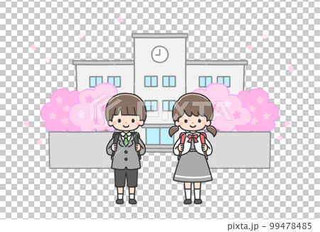Entrance ceremony A new first-year boy and girl standing in front of the school gate Entrance ceremony A new first-year boy and girl standing in front of the school gate 99478485