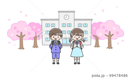 入学式　校舎の前に立つ新一年生の男の子と女の子 99478486