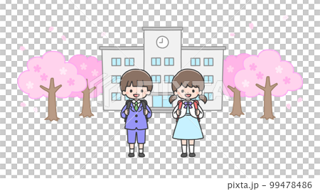 入学式　校舎の前に立つ新一年生の男の子と女の子 99478486