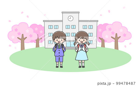 入学式　校舎の前に立つ新一年生の男の子と女の子 99478487