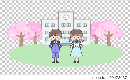 入学式　校舎の前に立つ新一年生の男の子と女の子 99478487