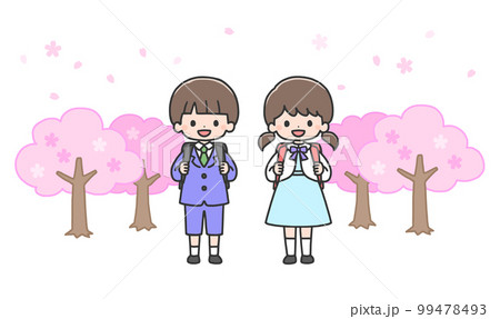 入学式　桜の前に立つ新一年生の男の子と女の子 99478493