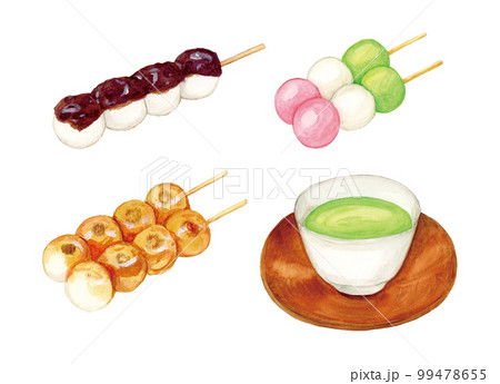 手描き水彩の美味しそうな串団子とお茶のセットイラスト（みたらし