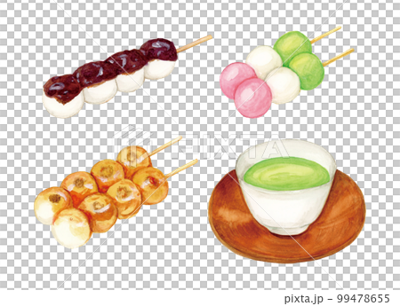 手描き水彩の美味しそうな串団子とお茶のセットイラスト（みたらし・あんこ・三色団子） 99478655