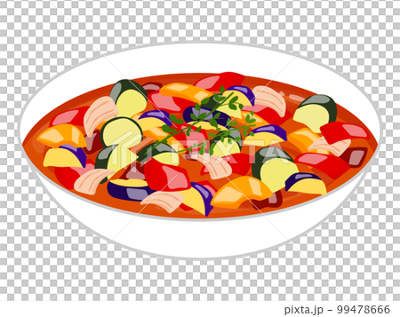 矢量圖的法式料理鼠王燉夏季蔬菜。 矢量圖的法式料理鼠王燉夏季蔬菜。 99478666