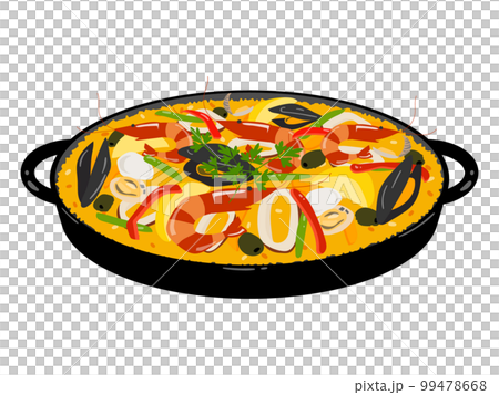 西班牙海鮮飯的矢量插圖，配以蝦、貽貝等，用米飯烹製。 99478668