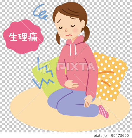 Girl suffering from menstrual cramps Abdominal pain Rest indoors 99478690