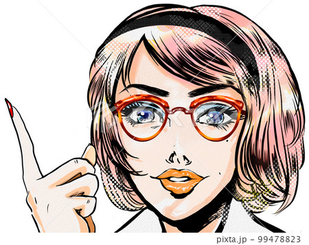 60年代アメコミ風メガネをかけたアメリカ人美女が指差して生徒に解説するポートレート透過背景イラスト 99478823