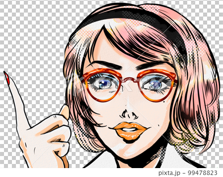 Portrait transparent background illustration of a beautiful American woman wearing 60's American comic style glasses pointing and explaining to students 99478823