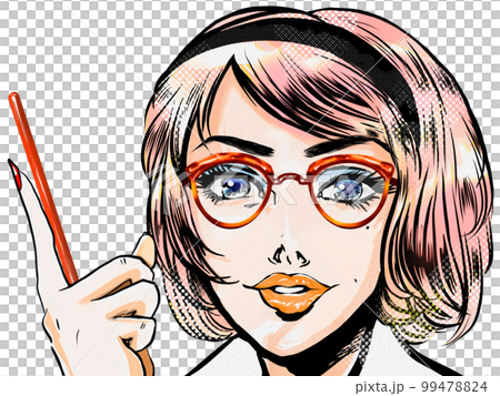 Portrait transparent background illustration of a beautiful American woman wearing 60's American comic style glasses pointing and explaining to students 99478824