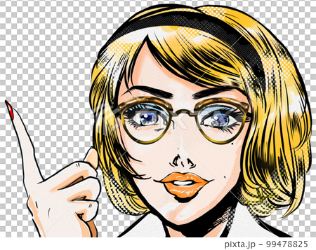 Portrait transparent background illustration of a beautiful American woman wearing 60's American comic style glasses pointing and explaining to students 99478825