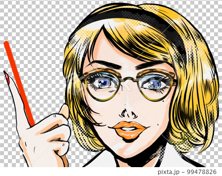 60年代アメコミ風メガネをかけたアメリカ人美女が指差して生徒に解説するポートレート透過背景イラスト 60年代アメコミ風メガネをかけたアメリカ人美女が指差して生徒に解説するポートレート透過背景イラスト 99478826