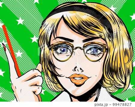 60年代アメコミ風メガネをかけたアメリカ人美女が指差して生徒に解説するポートレート星条旗風背イラスト 60年代アメコミ風メガネをかけたアメリカ人美女が指差して生徒に解説するポートレート星条旗風背イラスト 99478827