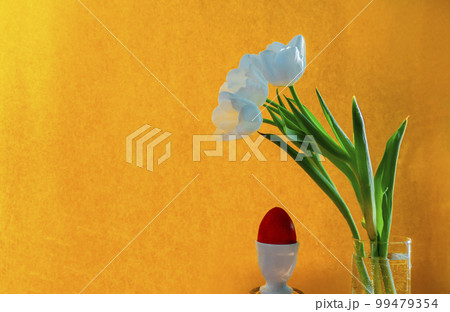 white tulip and red easter egg on a orange background 99479354