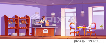Cartoon bakery interior with female seller 99479399