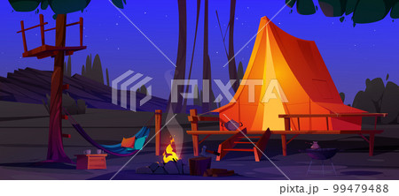 Glamping with tent in summer forest at night Glamping with tent in summer forest at night 99479488