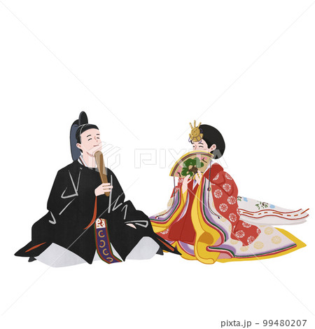 【2月14日まで】松寿作 有職束帯十二単衣おひなさま（お内裏様とおひな様） 十二単衣姿のお雛様と束帯姿のお内裏様のひな祭り イラスト素材