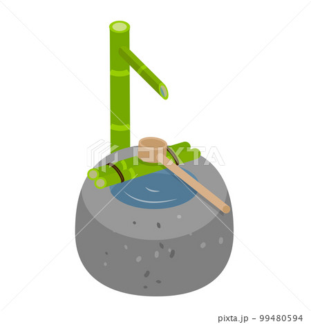 日本の庭　つくばい　手水鉢　柄杓のイラスト素材 99480594