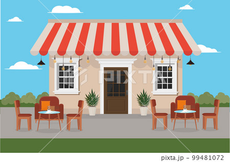 a restaurant cafe shop on the road with chairs and a table 99481072