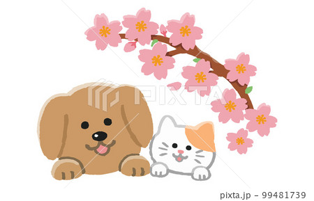 桜と顔をのぞかせる犬と猫（手描きカラー） 99481739