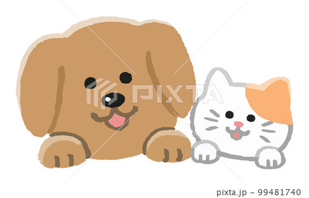 顔をのぞかせる犬と猫（手描きカラー） 99481740