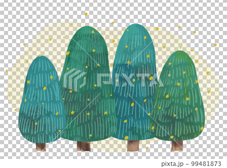 Watercolor landscape illustration with pollen flying from a cedar tree 99481873