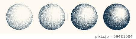 Round shaped dotted objects, vintage stipple elements. Fading gradient. Stippling, dotwork drawing, shading using dots. Halftone disintegration effect. White noise grainy texture. Vector illustration Round shaped dotted objects, vintage stipple elements. Fading gradient. Stippling, dotwork drawing, shading using dots. Halftone disintegration effect. White noise grainy texture. Vector illustration 99481904