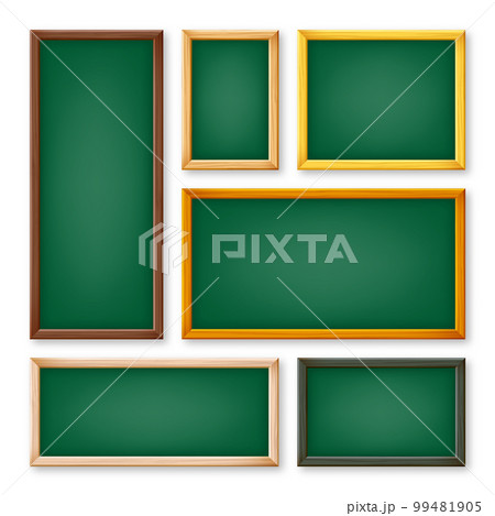 Realistic various chalkboards in a wooden frame. Green restaurant menu board. School blackboard, writing surface for text or drawing. Blank advertising or presentation boards. Vector illustration Realistic various chalkboards in a wooden frame. Green restaurant menu board. School blackboard, writing surface for text or drawing. Blank advertising or presentation boards. Vector illustration 99481905
