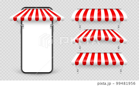 Smartphone with shop sunshade and metal mount, online internet shopping. Realistic red striped cafe awning. Outdoor market tent. Roof canopy. Summer street store. Vector illustration 99481956
