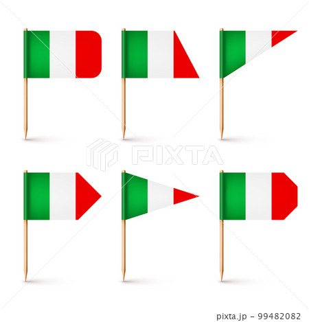 Realistic various Italian toothpick flags. Souvenir from Italy. Wooden toothpicks with paper flag. Location mark, map pointer. Blank mockup for advertising and promotions. Vector illustration 99482082