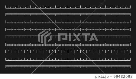 Various measurement scales with divisions. Realistic white scale for measuring length or height in centimeters, millimeters or inches. Ruler, tape measure marks, size indicators. Vector illustration 99482098
