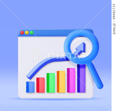 3D Graph Diagram in Window with Magnifying Glass 99482714
