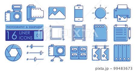 Set of color filled linear icons. Equipment for photography and film processing. Printing of finished photos. Camera, film, memory card, lens 99483673