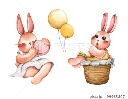 Set of Cute bunny for spring season. Watercolor illustration. Set of Cute bunny for spring season. Watercolor illustration. 99483807
