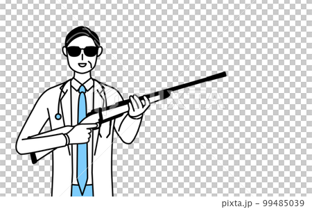 A male doctor in a white coat wearing sunglasses and a stethoscope with a rifle, a senior/middle-aged veteran doctor 99485039