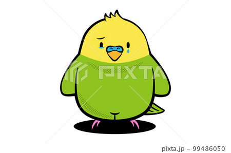 マスコットキャラクター風デザインのシンプルポップな可愛い緑と黄色インコのおしゃれ小鳥イラスト_泣く涙 99486050