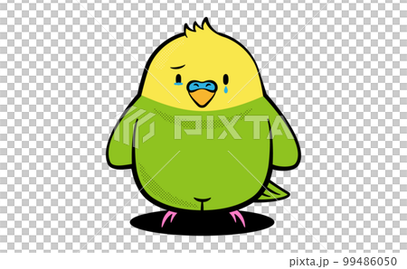 マスコットキャラクター風デザインのシンプルポップな可愛い緑と黄色インコのおしゃれ小鳥イラスト_泣く涙 99486050