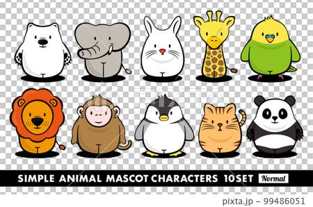 マスコットキャラクター風デザインのシンプルポップな可愛い動物のおしゃれイラストセット_動物園_正面 99486051