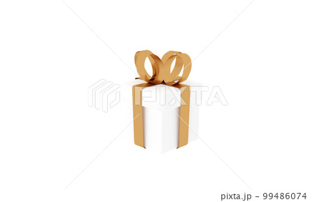 3D render image illustration of White gift box golden ribbon for celebration on special day. Happy Holiday decoration surprise card. Concept give packing Love idea. Wedding modern luxury of PNG 99486074