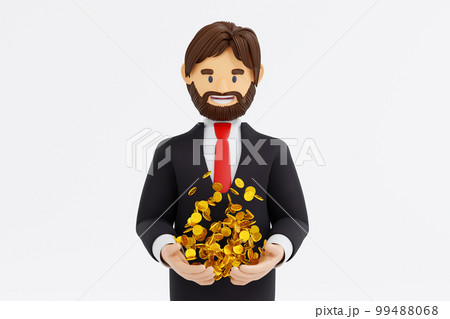 Businessman holding a lot of coin in hand, business success, 3D rendering. Businessman holding a lot of coin in hand, business success, 3D rendering. 99488068
