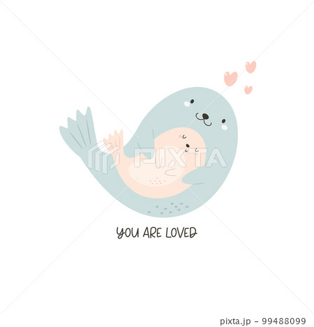 Vector illustration of cute seal and his mom. Adorable print with animals for kids in a modern flat style. 99488099