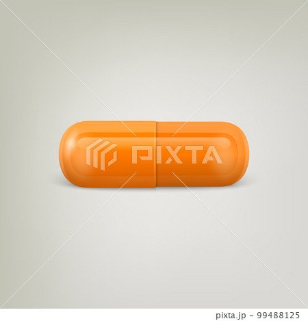 Vector 3d Realistic Orange Pharmaceutical Medical Pill, Capsule, Tablet on White Background. Front View. Copy Space. Medicine, Health Concept 99488125