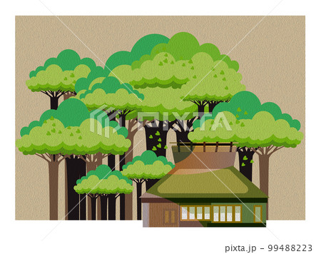 油彩風。古民家のある美しい日本の山里の風景。緑の大木と穏やかな山里の風景。 99488223
