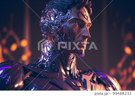 Modern futuristic male humanoid robot with metal outfit. Neural network AI generated art Modern futuristic male humanoid robot with metal outfit. Neural network AI generated art 99488232
