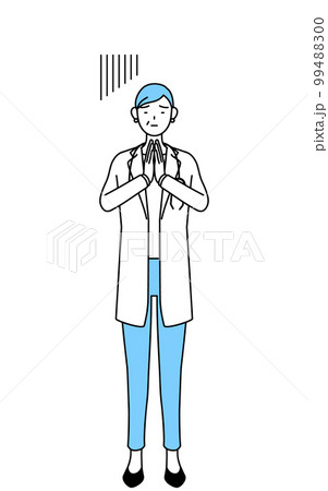 体の前で手を合わせて謝る聴診器をかけた白衣の女性医師、シニア・中高年のベテラン医師 体の前で手を合わせて謝る聴診器をかけた白衣の女性医師、シニア・中高年のベテラン医師 99488300